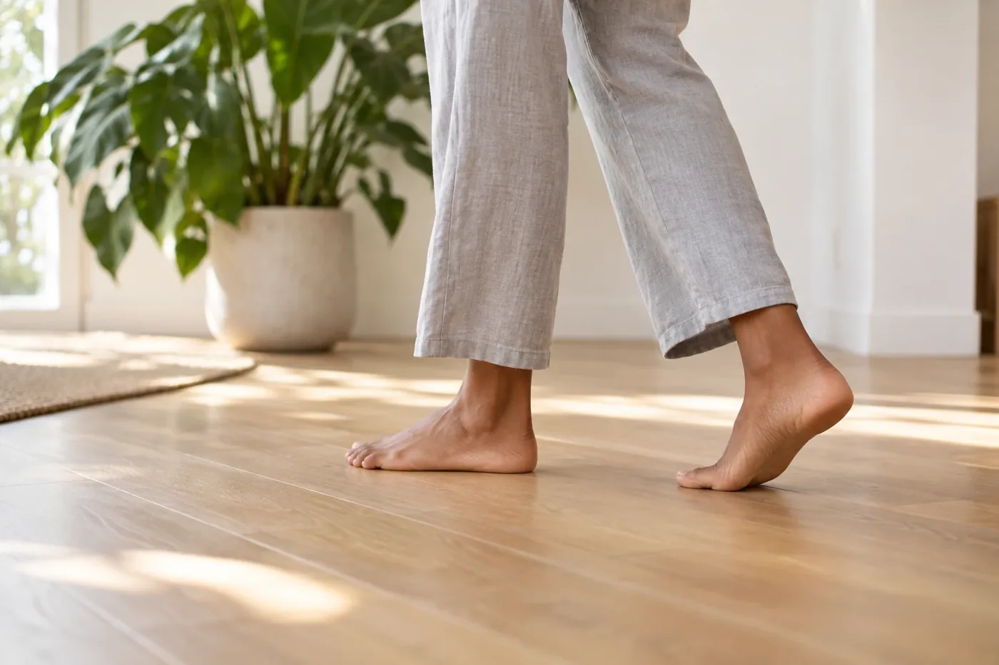Pessoa caminhando descalça em um piso de madeira clara, em casa, sem dor