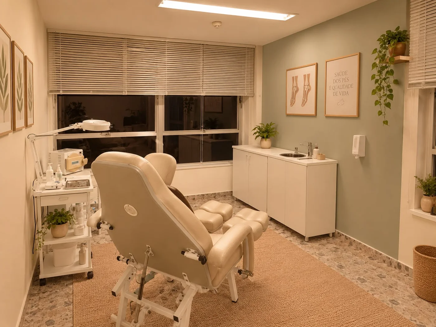 Sala de atendimento da Gradus Podologia: cadeira de podologia clara, bancada com pia, parede verde-sálvia com quadros e plantas