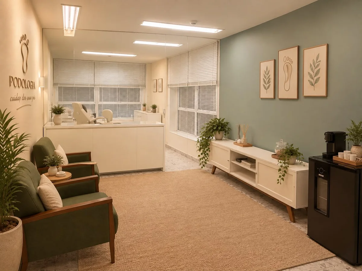 Recepção da Gradus Podologia: poltronas verdes, tapete de fibra, parede verde-sálvia com quadros e uma máquina de café